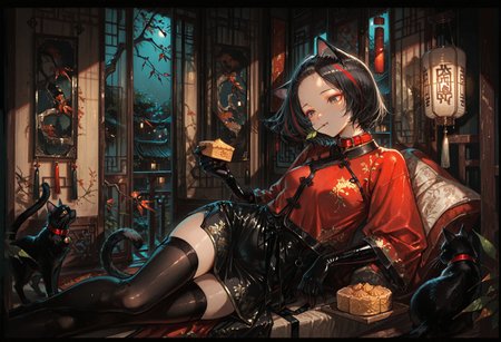 1rregular_b0, hyperdetailed_bg, (realistic_bg:1.2, su22eal_bg:1.2), (full_bg:1.1), (indoors, loaded_interior, rural china, oriental theme, branch, leaf, hanging lantern, windchime, balcony, night, folding_screen), (detailed background), 

(1girl, reclining, holding mooncake, cat, solo, chewing,  look at object), ((vintage_china_clothing:1.3), red haori, black skirt, cat_ears, cat tail, black latex elbow gloves, red collar, black latex stockings), ((great anatomy, correct anatomy, akariL, short hair, black hair, wide forehead, red_streaked_hair, greenish_grey_pupils, red_iris, small breasts)),

(very_wide_shot, upperbody),

((best quality, absurdres, amazing quality, HD, intricate, ultra-detailed, newest, visual impact, very aesthetic, high contrast, eye_focus)), 4K, detailed facial features, detailed clothing features, detailed texture