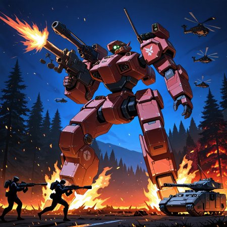 night-time, forest setting, city line in the distance, burning trees, small soldiers, masterpiece, best quality, amazing quality,  detailed background, embers, raging fires, mecha, mechwarrior style, Angular head, humanoid arms, heavily armored body, well proportioned body, smooth metal, holding a bazooka in its hand, stomping on a tank and crushing it beneath the mechs foot, mono eye, glowing Green eye, black and red colored mech, front view, silhouette of mech, looming large, illuminated by fire, heavily armored humanoid legs, shoulder mounted missile pods on the mechs shoulders, large booster pack, wide legs, leg boosters, Detailed hands, Wrecked vehicles, destroyed tanks, helicopters flying in the air, mech focus, running while firing, artillery tanks firing overhead, aerial explosions, smaller soldiers running below the mech, bullets bouncing off the mechs chest