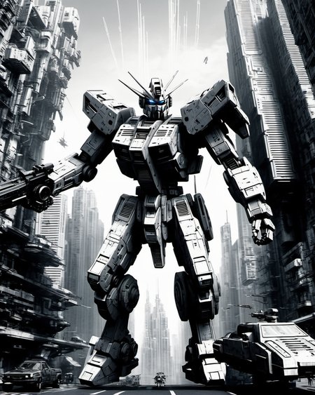 a gundam flying through a futuristic city,cyberpunk,intricate machinery,grayscale,monochrome,art by llbreton, <lora:LLbretonXL-000004:0.6>