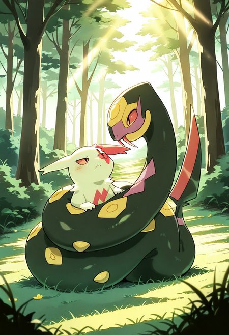 (masterpiece, best quality, high quality, highres), very awa, highres, absurdres,
(chii-kun \(seedyoulater\):0.5), (naguru \(cyoroama\):0.4), 
(no humans:1.1), (cute:1.2), comfy, duo, 
pokemon, pokemon \(species\),
Zangoose bound by snake, wraped,
cosy, meadow, forest, day, sunlight, sun rays,