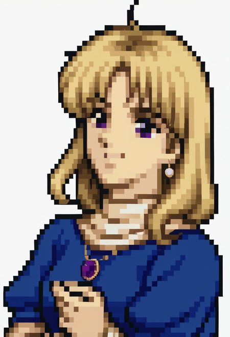 score_9, score_8_up, score_7_up, source_anime, 1girl, solo, smile,
<lora:zs_FE4PortraitsXL:1> fe4portraits, portrait, pixel art, white background
<lora:yselena-pdxl-nvwls-v1-000005:1> ysElena, blonde hair, purple eyes, bracelet, pendant, blue shirt, puffy sleeves, short sleeves