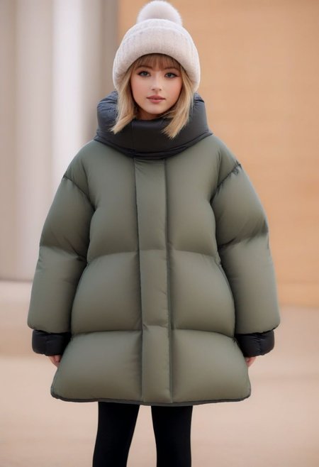 (quilted down coat:1.4), (quilted puffer coat:1.4), (quilted winter clothes:1.4), (puffer hood up:1.4), (down hood up:1.4), (very snowing, very cold:1.4), (full body, ankle winter boots:1.4), (city, street, winter, snow:1.4), (snowing clothes:1.4), walking, daytime, sun, sunlight, (leggings:1.4), thigh boots, green eyes, tsurime, blonde hair, streaked hair, medium hair, light smile, straight hair, dyed bangs, sidelocks, beanie, eyelashes, eyeliner, masterpiece, high quality, best quality, beautiful lighting, realistic lighting, beautiful eyes, beautiful hair, beautiful face, detailed face, high quality face, realistic background, detailed background, (hands behind back:1.5), (from front:1.5), cuffs, collar, (Thick padded cuffs:1.4), (Thick padded collar:1.4), <lora:Collar-SDXL:0.75>, <lora:Cuffs-SDXL:0.75>, <lora:fashion_lora:0.6>