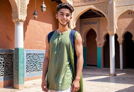 1guy,  muslim guy, detailed muslim face, partially smile, huge bulged, cute handsome face, 21yo, His skin reflecting the light, wearing a colored muslim cloth, wear sandal, high detailed, high quality, 8K Ultra HD, ((full body shot)), twink body, (( islamic culture center )), slim young body,
