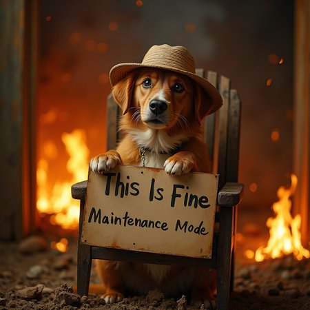 A dog in a burning house, sitting on a chair, wearing an hat, holding a sign with the words "This Is Fine - Maintenance Mode" written on it
