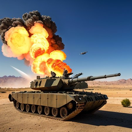 bf2042,
Best quality, masterpiece, ultra high res, (photorealistic:1.4), detailed skin, cinematic lighting, cinematic highly detailed, colorful,
modern Photograph, a group of soldiers in battlefield,
battlefield explosion everywhere,
jet fighters and heli copters flying in the sky,
two tanks on the ground,
In desert area ,
buildings on fire and one abandoned military armored vehicle in the background, 
<lora:ztz99ATank_ztz99ATank:0.3>