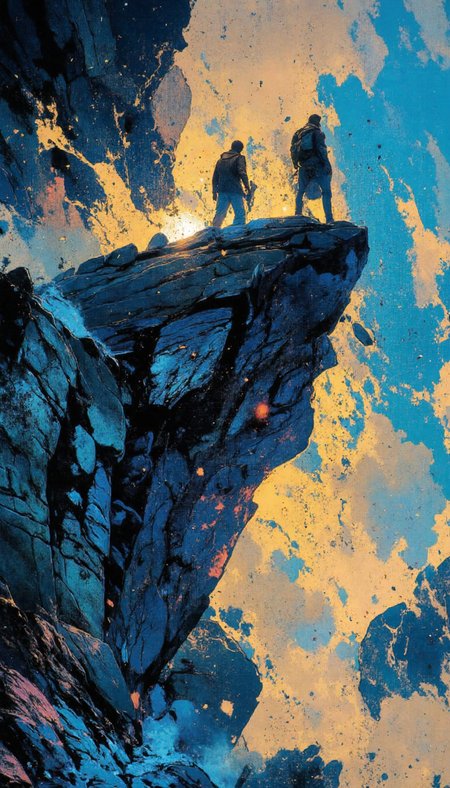 crayon,glow, Two subjects on a precipice of cerulean rocks, their silhouettes backlit by the late afternoon sun. Employ a low-angle dynamic three-quarter shot, emphasizing the monumental scale of the rocks and the introspective postures of the figures. The color palette should reflect the ephemeral nature of twilight, with hues of azure, cerulean, and a hint of rose quartz.  Background details should include a suggestion of an endless horizon where the sky meets the sea, perhaps with the merest suggestion of distant land masses. The texture of the rocks should be rendered with meticulous detail, highlighting the interplay of light and shadow.