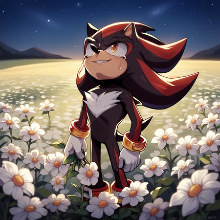 zPDXL2,score_9, score_8_up, score_7_up, score_6_up, score_5_up, score_4_up, <lora:Flower_Field:0.7> flw3r, outdoors, flower field,night, night sky, stars, starry sky, standing, looking up,  white flowers, holding flowers, smile, 1boy, solo, shadow the hedgehog, tears, head back