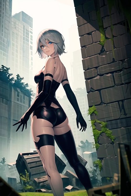 yorha type a no. 2, 

1girl, android, ass, bare shoulders, black gloves, blue eyes, breasts, elbow gloves, gloves, joints, looking at viewer, medium breasts, mole, mole under mouth, science fiction, short hair, shorts, solo, thighhighs, white hair, torn clothes, female focus, 

robot, asymmetrical legwear, mechanical parts, robot joints, 

debris,  grass, highres, outdoors, overgrown, post-apocalypse, rubble, ruins, 

<lora:yorha_type_a_noDOT_2:0.7>