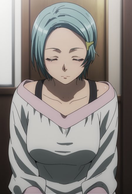 score_9, score_8_up, score_7_up, source_anime, BREAK 1girl, solo,  <lora:DX888Hitomi:1> karuko hitomi, short hair, hairclip, blue hair, dress, off shoulder, closed eyes,