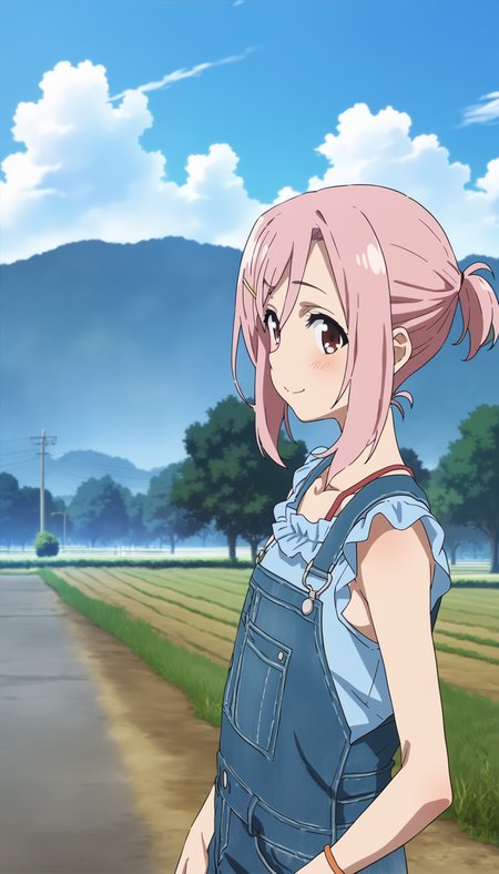 score_9,score_8_up,score_7_up,
<lora:yoshinokoharu:0.9>,yoshinokoharu,
1girl,solo,pink hair,short hair,bangs,little ponytail,looking at viewer,smile,blush,deep blue denim overall,blue sleeveless blouse,portrait,
outdoors,morning,summer,rolling hills,tree,poles,fields,blue sky,cloud,