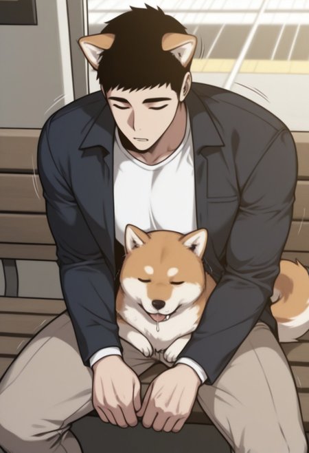 masterpiece, best quality, amazing quality, very aesthetic, absurdres, newest, detailed background, warm natural lighting, lively and bustling atmosphere, background details visible, shiny skin, indoor, train station, chinese background, 
hyunsunglee, 1boy, solo, male focus, short hair, sleeping, muscle body, t-shirt, blazer, brown pants, sneaker, saliva, sitting on bench, motion lines, twitching, ((dog ear:1.2), (long dog tail:1.2), shiba inu)