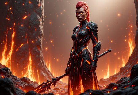 civitametapunkFLUX_Fem, 1girl,solo, light skin. 
A young female dragon knight hyper realistic and highly  detailed with a (mohawk hair) and the sides of his hairstyle is short and neat, red hair.
(Her eyes glow in fire power).
She is wearing a black armor with magical fire glowing runes and  dragon scales details. 
She is slim.
She wears metallic dark boots.
She holds a long sharp spear with intricate details.
She is standing in black molten rocks.
The background is an active volcano with lava flow.
She is looking at the camera with a menacing face.
(The camera angle is from below).
The lighting is dramatic, coming from the lava glow.
Ashes are flowing in the air. ral-lva