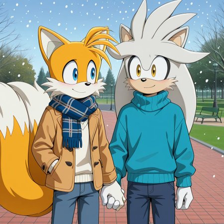 Masterpiece, newest, perfect quality, best quality, complex background, anthro, furry, human proportions, taller male, <furry male, Silver the hedgehog, broad shoulders, fit male, white fur, white skin, scarf, winter coat> holding hands  Tails_IL  blue eyes  light blue winter sweater fashionable outfit, blue eyes>, jeans, (romantic couple:1.4), (male and male) larger male, winter, snowing, (in a public park:1.5), ltalking, chatting, smile, ByCooliehigh, Tails_IL <lora:cooliehigh_7:0.4>