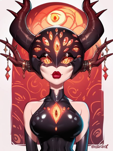 (score_9,score_8_up,score_7_up,score_6_up,),<lora:darcy(amphibia)>,darcy,horns,extra eyes,yellow eyes,glowing eyes,red pupils,orange sclera,half_mask,marcy wu,score_cartoon,<lora:fellatrix_style:1>,fellatrix_style,fellatrix,thick_lips,
