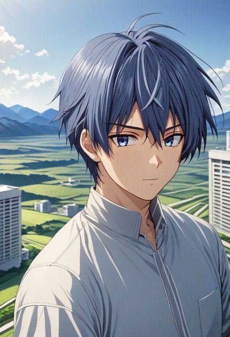 high resolution, solo, best quality, 1Boy, Tomoya Okazaki, Grey Blue Hair, high-rise, top of building, landscape, shallow depth of field, OverallDetail