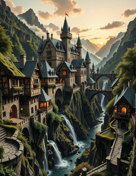A breathtaking medieval fantasy city nestled in a lush valley, surrounded by towering mountains and dense forests. A grand castle with multiple towers and turrets stands atop a hill, overlooking the town below. The city consists of charming half-timbered houses with glowing windows, perched on rocky cliffs and connected by stone bridges over cascading waterfalls. The river flows through the village, reflecting the warm golden lights of lanterns and torches. Ivy and moss grow over the stone walls, adding to the enchanted, ancient atmosphere. The background features misty mountains with additional fortresses and watchtowers, partially hidden by low-hanging clouds. The sky is illuminated by a soft, warm sunset, casting a golden glow on the scenery, creating a perfect blend of realism and fantasy. Highly detailed, cinematic, and immersive, with a magical, fairy-tale ambiance.
<lora:SDXLFaeTastic2400:0.4> <lora:extremely_detailed:0.4> extremely detailed, ,medieval f4nt4sy c1ty <lora:medieval_f4nt4sy_c1ty-i:1>, Masterpiece,best quality,hi res,8k,hi res,8k,award winning,(sharp focus, intricate, highly detailed),