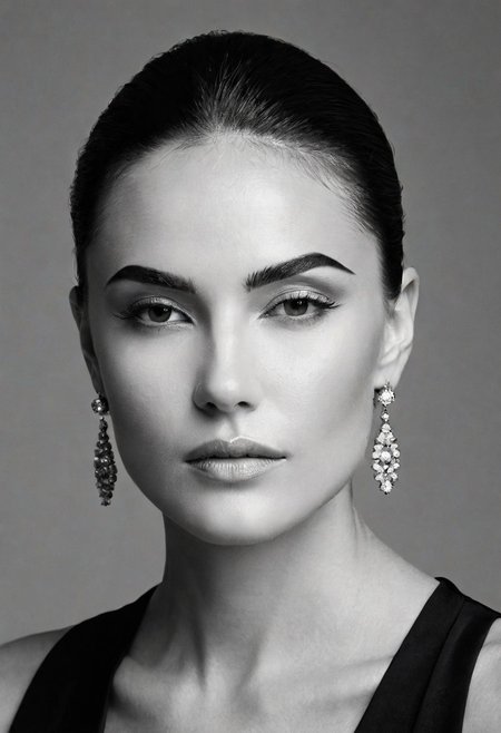 A striking monochrome portrait of a high-fashion model captured in a classic, Vogue-inspired photoshoot. The image focuses on her upper body, showcasing sharp bone structure and flawless skin illuminated by dramatic, high-contrast lighting. Shadows and highlights play artfully across her face, accentuating her high cheekbones, defined jawline, and elegantly arched eyebrows. Her gaze is powerful and direct, exuding confidence and sophistication, with slightly parted lips that add a touch of allure.
Her hair is styled sleekly back, drawing attention to her expressive features and creating a sculpted silhouette against a soft, shadowed background. She wears minimal accessories—perhaps a single, elegant earring catching the light—adding sophistication without distraction. The monochrome palette enhances the texture and contrast, giving her skin a smooth, almost ethereal glow, while the deep shadows add depth and mystery. The overall composition feels timeless and refined, embodying classic beauty and editorial poise with a touch of modern edge.. backinblack, grayscale, monochrome