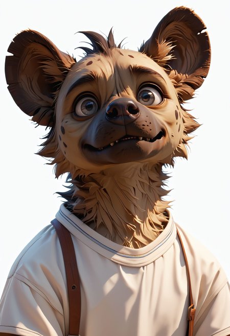 score_9,score_8_up,score_7_up,  <lora:3d_render_pdxl_goofy:1>3d render, animal, animal focus, animalization, grey eyes, hyena, no humans, simple background, upper body, white background