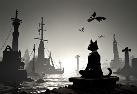 (masterpiece), (score_9, score_8_up, score_7_up,source_anime), 4K8K,
cat, focus. punk, male, 
(scope view, far view), (silhouette cat, black and white cat, tuxedo cat, solo), (solo:1.3), (sitting), scenery, 
(leather culottes),  (backlighting, silhouette:1.3), 
outdoors, (Viking Ship, graveyard, A battered ship that ran aground), 
<lora:harada_miyuki_style:1>
<lora:backlighting-000001:1>