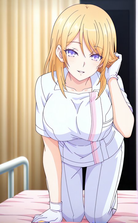 masterpiece, best quality, highres, newest, 1girl, solo, official style, anime screencap, <lora:Misuzu_Akao:1>, akao, blonde hair, long hair, purple eyes, large breasts, white dress, nurse, white pants, white gloves, smile, indoor, full body, kneeling, on bed, hospital bed, parted lips, looking at viewer, hand on hair