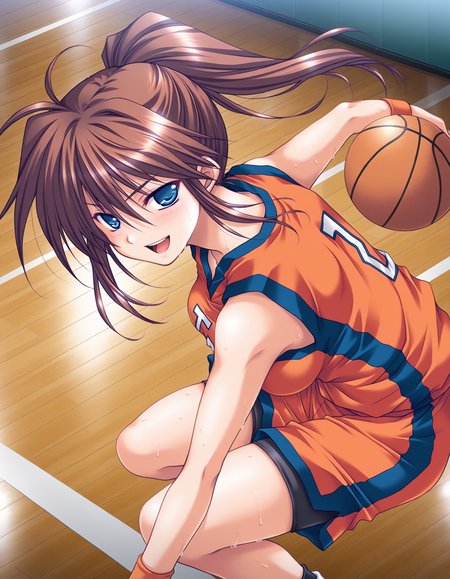 masterpiece, best quality, amazing quality, very aesthetic, absurdres, official art, ultra detailed, official style, 
1girl, solo, akinokyouko(innyuu joshikousei), blue eyes, ponytail, brown hair, BREAK
orange basketball uniform, short pants, 
happy, blush, 
dynamic pose, playing basketball in a gym, gym, from above, from side, ultra detailed <lora:akino kyouko v1.0-000014:1>