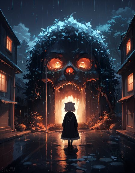 score_9,score_8_up,score_7_up,score_6_up,source_anime,horror,
BREAK
A young girl on the street at night,skiny and frail,(petite,cute:0.3),
looking at viewer,
messy hair,
outdoors,rain,night,building, 
<lora:HKHorrorPony:0.7>,hkhorror,