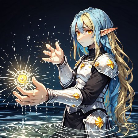 yum4rt, Lapanya, 1 person, pointy ears, 3 fingers 1 thumb, ((Underground cavern background)):1.5, ((snout nose)):1.0, flat chest, light skin, yellow irises, ((two-tone hair, light blue hair, blonde undertones)), wavy hair, long hair, ((chubby build, chubby face)), long sleeved black robe, white armor, wet hair, wet clothes 
Close up, dynamic view, Standing hip-deep in water, casting water magic, water tendrils 
((clean lines, source: anime, detailed fingers, high quality, best quality, masterpiece, rating: g score: 9, score: 8 up))