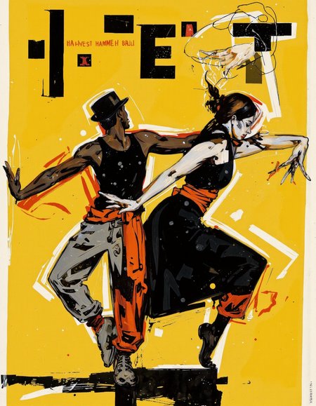 By Martin French. A striking and dynamic poster featuring a stylized illustration of two silhouetted figures in a dynamic pose against a bright yellow background with abstract shapes and lines. the poster is predominantly yellow with black and red accents, and the top of the poster has the words "harvest hammerball" written in bold, black letters. on the left side of the image, a black man, who appears to be in his mid-twenties, is facing away from the viewer, wearing a top hat and a long, flowing black dress with orange accents. he is standing with his arms stretched out to the sides and his head tilted upwards, as if in a state of intense concentration. his face is not visible, but his body is positioned in a way that suggests a sense of movement and energy. the other figure, also in a similar pose, is positioned to the right of the central figure, adding to the dynamic and energetic feel of the illustration. the composition is composed of abstract shapes, lines, and brush strokes, creating a visually striking contrast between the two figures. <lora:Martin_French:1>