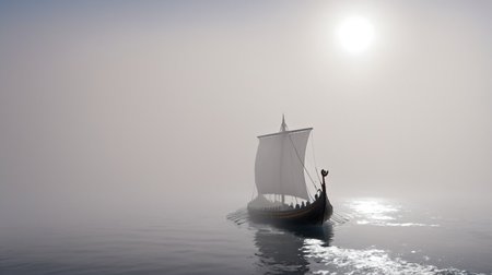 side view of a Viking ship emerging from a fogbank on a calm sunny ocean, heat haze, brilliant sunshine, chiaroscuro <lora:Viking_Ship:1>