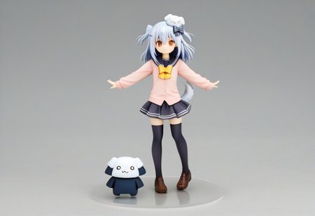 tamakiDefault, 1boy, dghd, dog hair ornament,  blue hair, grey hair, two side up, orange eyes, hair between eyes, dog tail, otoko no ko, multiple hair bows,  black bow, yellow bowtie, black skirt, black thighhighs, brown footwear, pink cardigan,