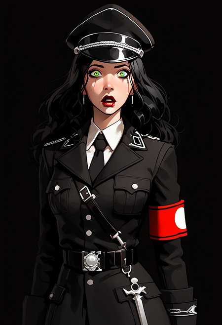 score_9, score_8_up, score_7_up, score_6_up, 1girl,  sexy face, Long hair, black hair, lipstick, green eyes, asami, medium breasts, sexy , cute face , sexy girl, messy makeup, awe:5, easynegative, Expressiveh, g0thicPXL, glowing, neon,, xssuniformx, military uniform, black jacket, long sleeves, necktie, shoulder strap, belt, black pants, gloves, peaked cap, armband, knee boots shocked:5,, skinny, small boobs, thick lips, sexy pose, hips, thick thighs, standing,