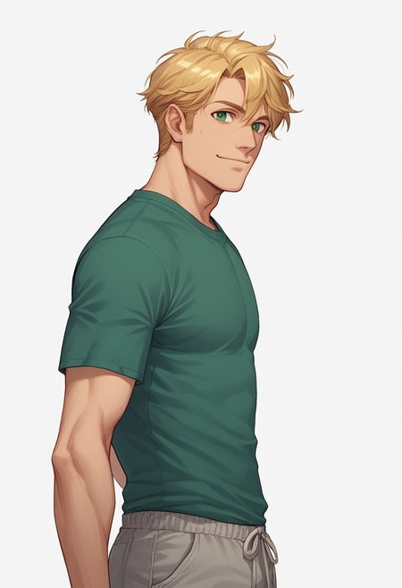 score_9, score_8_up, score_7_up, score_6_up, Aleshenka, t0nym0r3, masterpiece, best quality, BREAK 1boy, solo, open eyes, green eyes, green t-shirt, gray sweatpants, blonde hair, short hair, handsome, tall, smile, upper body, cowboy shot, standing, side view, looking at viewer, simple background, white background