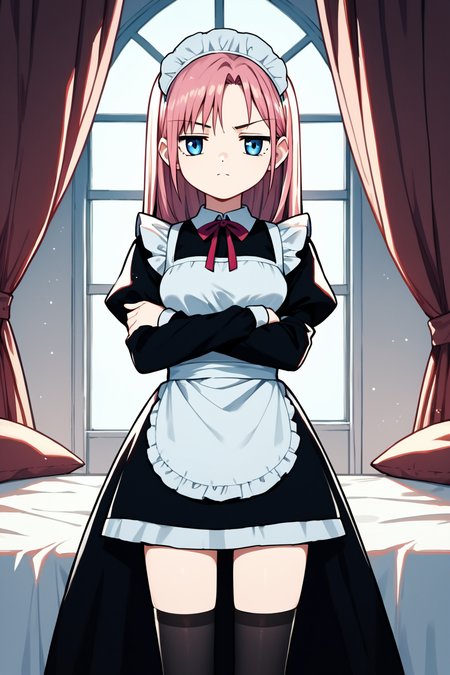 score_9, score_8_up, score_7_up, score_6_up, rating_safe, source_anime, best quality, masterpiece, detailed background, detailed eyes, bedroom, maid outfit, unimpressed, half-closed eyes, closed mouth, arms crossed, raised eyebrow, black thighhighs, <lora:kamio-haruko-xl-02:1>, kamio haruko, blue eyes, medium breasts,