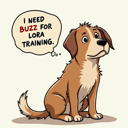a sad dog with a speech bubble saying "I need buzz for lora training"