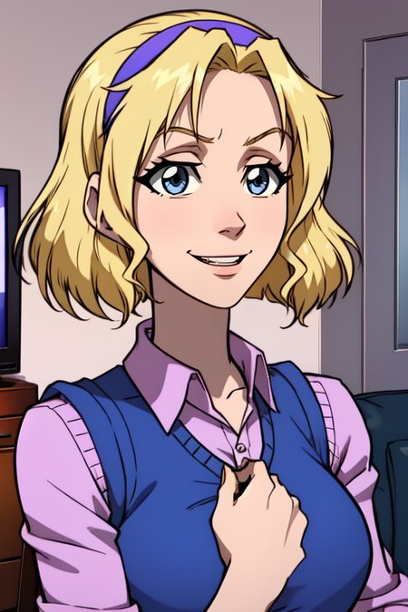 sarah, blonde hair,  blue eyes,  short hair, 
hairband, purple vest sweater, pink shirt, dress skirt,
upper body,  smile, standing, solo, 
living room, 
 (insanely detailed, beautiful detailed face, masterpiece, best quality) <lora:sarahdubois:0.8>