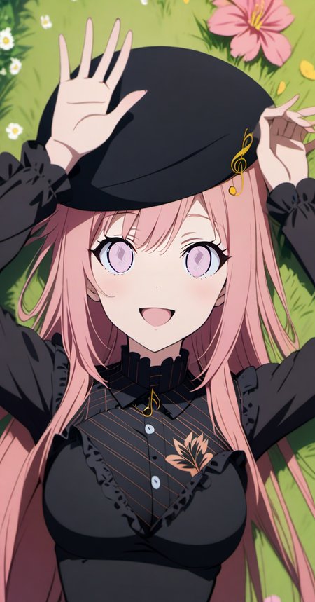 ailand,priscadys,mainoutfit,1girl, solo,((upper body:1.4)),pink hair, ((pink eyes)), long hair, breasts,, bangs, medium breasts, very long hair, <loractl:priscadys_v1_33:.8,0@.5> , hair flaps, breasts, ,black headwear, beret,treble clef, dress,long sleeves,black sleeves,shirt,black shirt,striped,musical note, frills,frilled dress,outdoors,on_back,on_grass,on_ground,blue sky, clouds,day, black dress,((portrait,close-up, dutch angle)),((waving, )),((from above)),  <lora:ailand_style_v2:0.8>,anime_coloring,anime_keyvisual,smile,blush,open mouth, :D,arms up, grass,flower, flower field,
