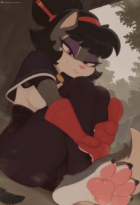 morimori, outdoors, undershirt, falling feathers, black bodysuit, hair stick, hugging own legs, , gauntlets, eyeshadow, red gloves, black capelet, red hairband, pink eyes, medium hair, black hair, 1girl, solo, dynamic angle, foreshortening, furry, furry female, anthro, paws, claws, pawpads, steam, smell, visible, breath