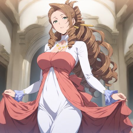 solo,looking at viewer,cowboy_shot,masterpiece,high score,great score,absurdres,<lora:Flora_Nanadan ag4o v1:1> flora_nanadan, brown hair, long hair, drill hair, green eyes,dress,mature female,