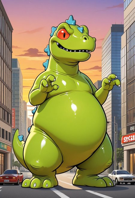 1boy, solo, Reptar, dinosaur, green body, blue spines, red sclera, three fingers, three toes, thick legs, bottom heavy, chubby, semi-anthro, tail, big eyes, expressive eyes, toony eyes, fat, smooth shiny body, giant, city, street, cars, skyscrapers, sunset, high quality, detailed, digital art, masterpiece, amazing shading, wacky, silly,  western animation style
