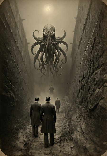 antique photo, eerie atmosphere, creepy, descent into madness, cthulhu mythos, nameless ones,  horror, lovecraft, <lora:Antique_Photo:1>