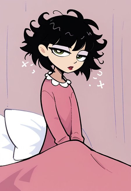 powerpuff, ingridthird, 1woman, black hair, solo, short hair, green eyes, pink pajamas, long sleeves, makeup, looking at viewer, lipstick, bob cut, cowboy shot, score_9, score_8_up, score_7_up, score_6_up, under blanket, sitting up, on bed, white blanket, messy hair, bedhead, stretching, yawning, closed mouth, sleepy, half-closed eyes, white sheets, white pillow, white bedding, white bed,