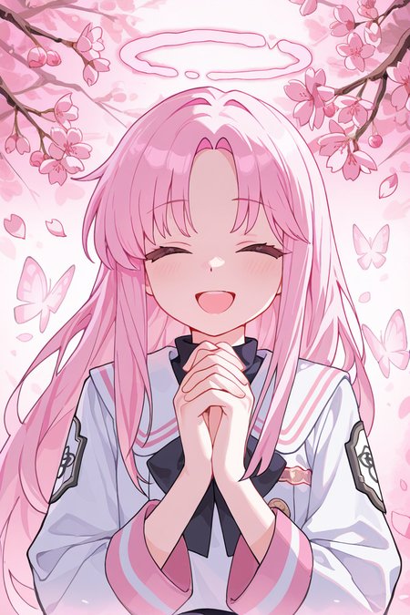 masterpiece, best quality, amazing quality,
 <lora:Lango_IL:1> lango, pink hair, halo, closed eyes, solo, own hands together, open mouth, own hands clasped, male focus, bug, 1girl, butterfly, smile, cherry blossoms, parted bangs, upper body, bangs, angel