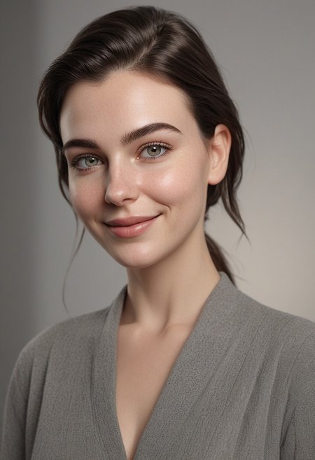 30yo american woman in a photostudio
Modeling High cut, high Quality Dress.
Slight makeup, heavy rimmel. Clear skin.  realistic skin style
Long dark black slick back hair. 
Shooting light, indors, cable light
Studio background.
Winking left eye. Smiling.
Bokeh. Heavy Bokeh light.