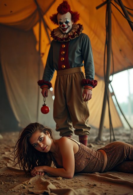 Hyperrealistic art a woman laying on the ground next to a clown in a tent with a man standing behind her and a woman standing behind her, Daniel Lieske, promotional image, a poster, aestheticism. Cinematic photography, movie mood, cinematic light, compelling composition, storytelling elements, conveys emotion, mood, and narrative depth, creating visually striking images that feel like still frames from a film. <lora:add-detail-xl:.5> <lora:Flux-style-xl-lora:.5>