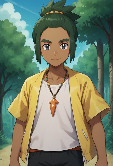 score_9, score_8_up, score_7_up, source_anime, highly detailed, 
haupk, 1boy, male focus, solo, green hair, dark-skinned male, smile, shorts, shirt, upper body, dark skin, closed mouth, white shirt, standing, short sleeves, jewelry, looking at viewer, black shorts, open clothes, jacket, yellow jacket, necklace, short ponytail, black eyes, short hair,
outdoor, sky, tree, clouds