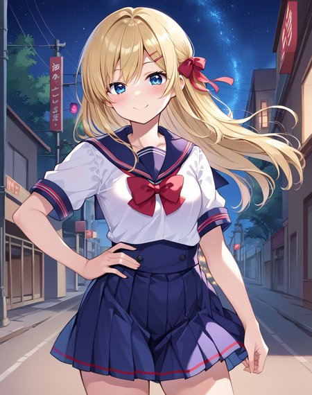arisugawa_hakua, blonde hair, long hair, blue eyes, hair ribbon, school uniform, serafuku, red bow, sailor collar, blue skirt, small breasts  BREA outdoors, city street, night, starry sky, BREAK hand on hip, smile, blush, looking at viewer BREAK score_9, score_8_up, score_7_up, source_anime ,zPDXL,K<lora:Arisugawa_Hakua:0.8>