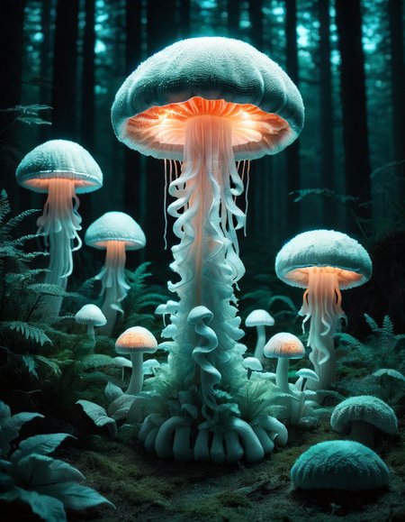 A jellyfish forest with ral-towl mushrooms glowing in the dark, a forest fantasy in a nature scenery, made out of ral-towl <lora:ral-towl:1> closeup shot