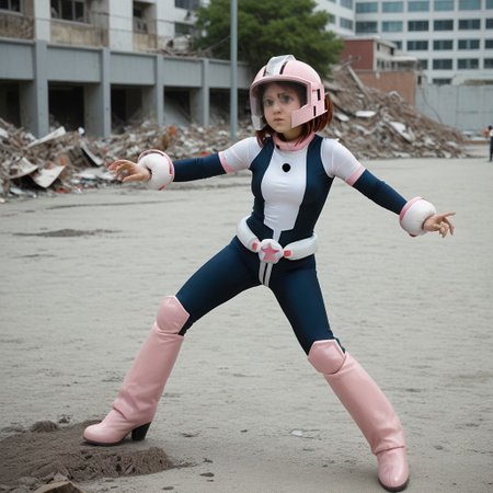 Ochaco uraraka, boots,high heel boots,short hair,uravity costume, hero costume,medium breasts, ochaco, brown hair,sidelocks,helmet, uravity helmet, in a fighting stance, about to take on a villian, in a destroyed city,