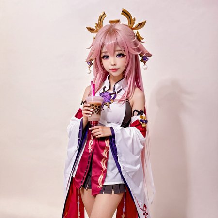 woman, solo, yae_miko, drinking_straw, pink_hair, white_background, chibi, long_hair, bubble_tea, detached_sleeves, wide_sleeves, simple_background, holding, purple_eyes, hair_between_eyes, japanese_clothes, bangs, holding_cup, drinking, long_sleeves, cup, disposable_cup, full_body, shirt, ribbon-trimmed_sleeves, sleeveless_shirt, looking_at_viewer, hair_ornament, white_shirt, standing, very_long_hair, animal_ears, fox_ears, ribbon_trim, jewelry, nontraditional_miko, white_sleeves, <lora:å«é:0.75>, <lora:oowoman:0.85>