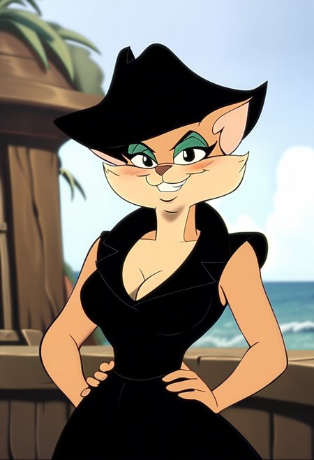 score_9, score_8_up, score_7_up, score_6_up, score_5_up, score_4_up, retro artstyle, BREAK 
Tabitha_Fantomcat,cat girl,short hair,1girl, breasts, solo, hat, smile, jewelry, cleavage, hands on own hips, pirate, pirate hat,short hair, cleavage cutout, looking at viewer,black eyes, ocean, outdoors, black headwear, sleeveless, clothing cutout,short hair, grin, cowboy shot, sky, dress, bare shoulders, black dress, day, large breasts, blush, water
<lora:tabitha-v1:1>